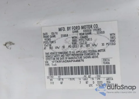 2010 Ford Ranger from USA, damaged, VIN 1FTKR1AD8APA48876